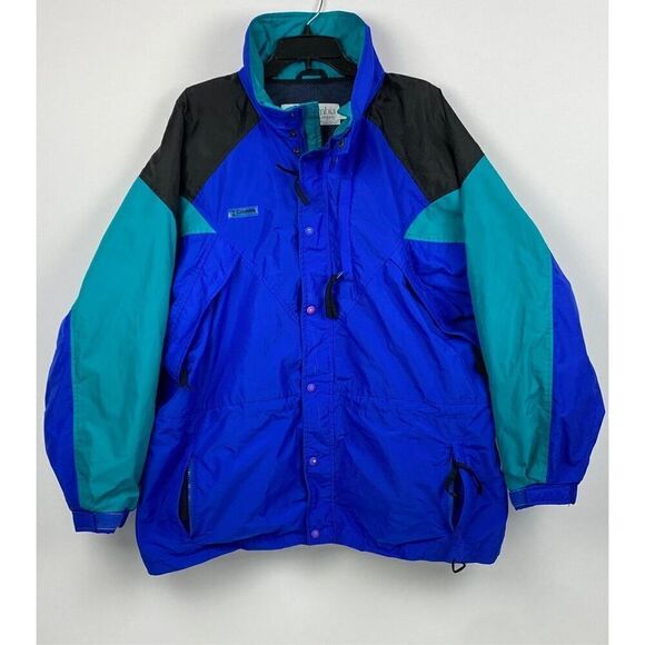 Vintage 90s Columbia Full Zip Hooded Lined Jacket Mens Large Blue Green Black EF - Picture 1 of 11